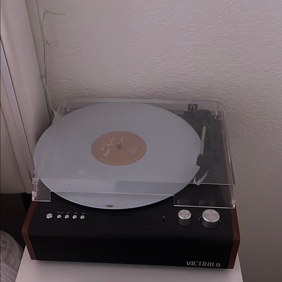 Black and Silver Vinyl Record Player with Dust Cover